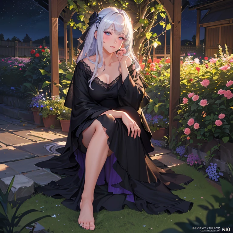 (best quality,4k,8k,highres,masterpiece:1.2),ultra-detailed,(realistic,photorealistic,photo-realistic:1.37),illustration,soft lighting,a girl with white hair,deep purple eyes,glowing eyes,sitting down,barefoot,face blushing,in a garden at night,flowers.Black Silk,Black high heels