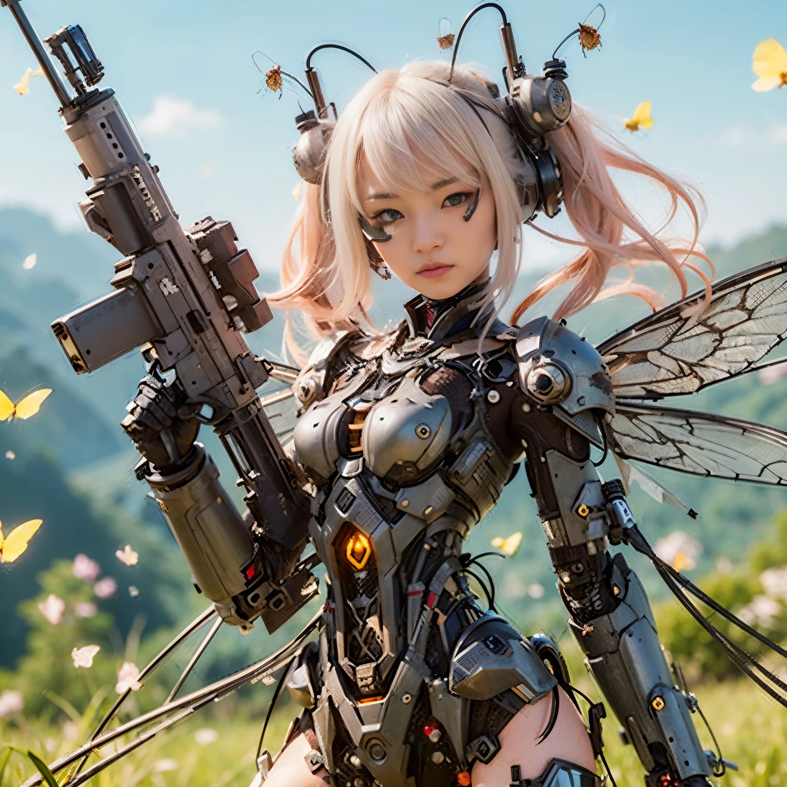 (masterpiece, best quality:1.2), (8k uhd, 16k, 32k, ultra high res), (photorealistic:1.37), (RAW photo), ultimate-realistic, ultimate-realistic details, ultimate-realistic texture, ultimate-intricate details, ultimate-realistic lighting, ultimate-realistic shadow, japanese girl, ultimate-cute face, ultimate-RAW skin, ultimate-realistic eyes, white hair, Japanese woman in insect powered suit, cannon mounted on shoulder, very cute face, mechanical, extremely intricate details, full body shot, ultimate photorealistic, big city locked down