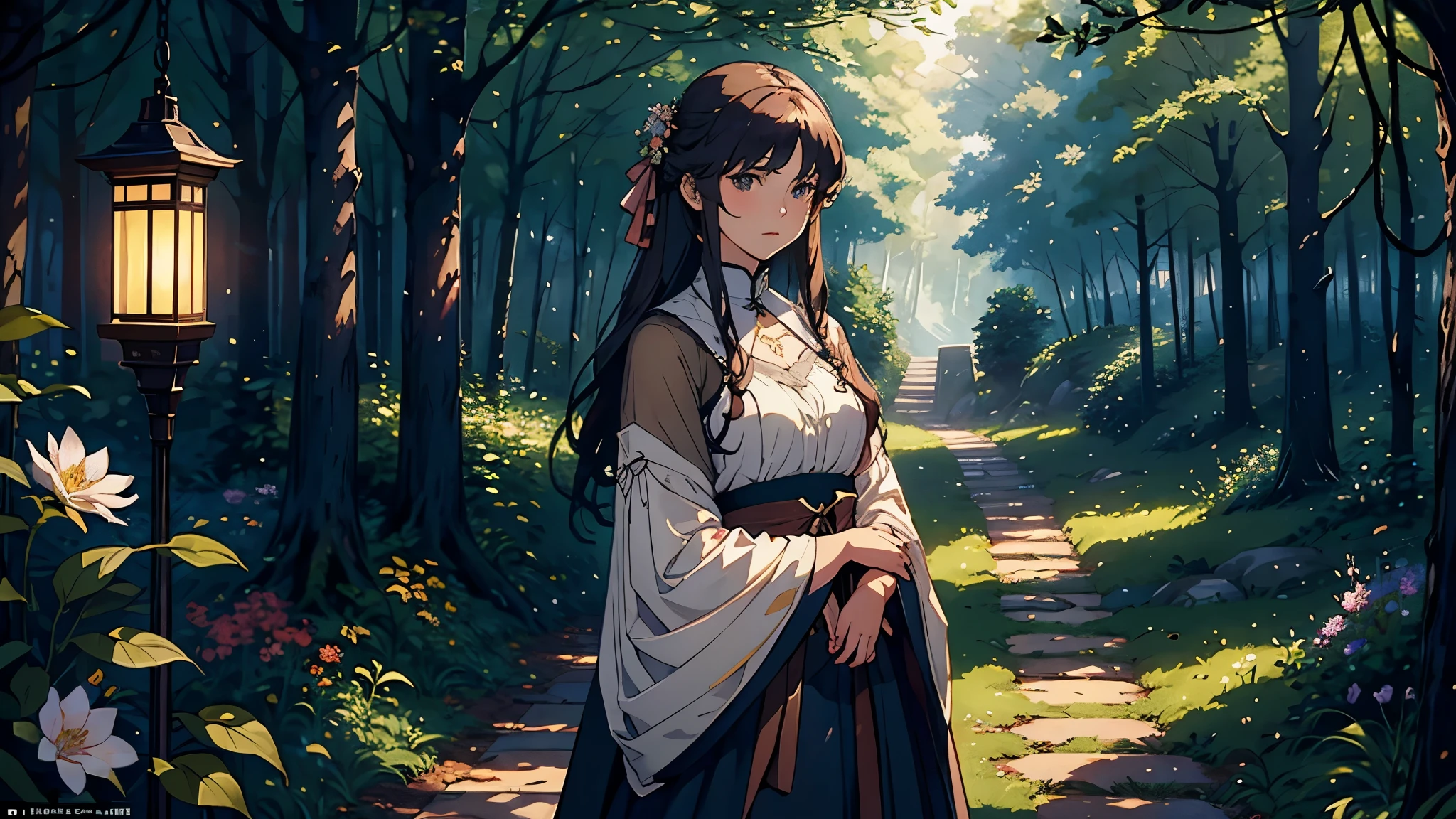 (highest quality, masterpiece, High resolution)、4K Anime Art、Soft Light、(A woman waiting for her lover in the woods、20-year-old)、(Detailed depiction of a beautiful face)、Put your hair up、Medieval European Dress、 evening、A woman is holding a lantern、Fireflies are flying、Lily flowers are blooming、In the woods of England、(Pre-Raphaelite style)、(Edmund Leighton Style)、(sergeant style)、