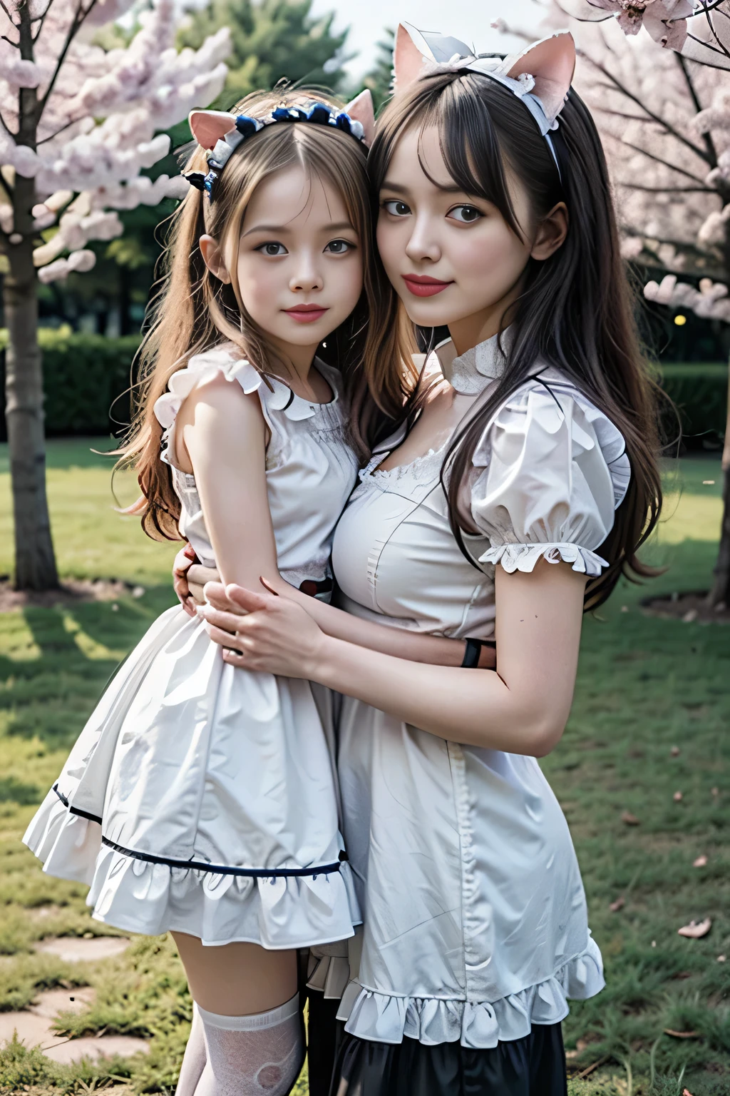 A 20-year-old female maid and a ***************, 20-year-old woman wearing traditional maid uniform, The *************** is wearing a light blue dress., 6 year old girl wearing ribbon headband, 20 year old woman has big breasts, Beautifully detailed face, A 20-year-old woman has a bun hairstyle, Natural sunlight, A 20-year-old woman is wearing glasses, They are standing under a cherry tree, Professional family photos, 6 year old girl laughing, The two are very natural. The 20-year-old woman is 170cm tall., Anatomically correct body, A *************** is 100cm tall, 20 year old woman has purple hair, 20 year old woman hugging, Red lipstick, A 20-year-old woman is wearing a black skirt with frills, Chic pumps, *************** has twin tails, 20 year old woman in garter belt and white stockings, They are both smiling., A 20-year-old woman is holding a *************** in her arms, 20 year old woman has skirt lift, Draw two faces in detail, The *************** is wearing a long skirt, The *************** has a very young face., Anatomically correct number of hands, The *************** has blonde hair., A *************** rests her cheek against the chest of a 20-year-old woman., Anatomically correct leg shaping, The two of them are beneath a magnificent row of cherry blossom trees., 20 year old woman in white panties, The 20-year-old woman is wearing a cat ear headband