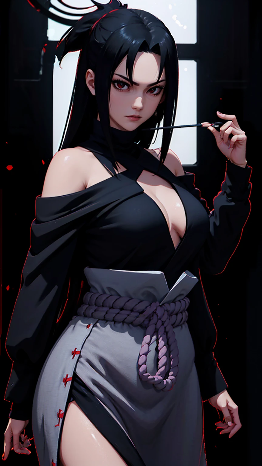 (8K,RAW photos),(best qualtiy),(tmasterpiece),(realisticlying,)(Photorealistic and realistic),(A high resolution),Hyper-detailing,(hentail realism:1.1),beauitful face, (1female:1.1),Female,(looki at viewer),cowboy lens,jpn, sasuke\(Naruto\),black t-shirt,uchiha simbol, red eyes, sharingan eyes, La Brett piercing,cleavage,Off-the-shoulder attire,smile,Be red in the face,Upper body photo black long hair,black high neck blouse, transparent long sleeves, black skirt, profesional lighting、photon mapping、physically-based renderingt、 Dark theme,