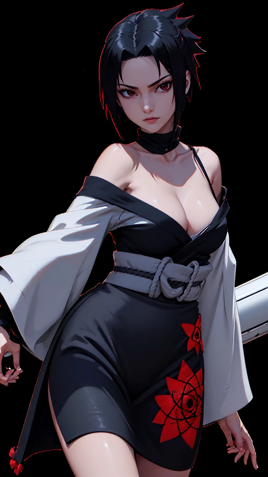 (8K,RAW photos),(best qualtiy),(tmasterpiece),(realisticlying,)(Photorealistic and realistic),(A high resolution),Hyper-detailing,(hentail realism:1.1),beauitful face, (1female:1.1),Female,(looki at viewer),cowboy lens,jpn, sasuke\(Naruto\),black t-shirt,uchiha simbol, red eyes, sharingan eyes, La Brett piercing,cleavage,Off-the-shoulder attire,smile,Be red in the face,Upper body photo black long hair,black high neck blouse, transparent long sleeves, black skirt, profesional lighting、photon mapping、physically-based renderingt、 Dark theme,