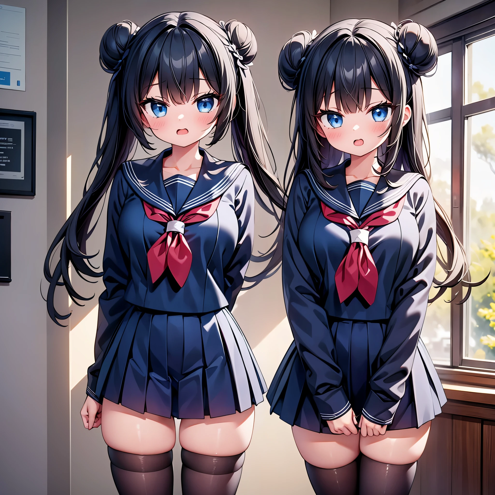 highest quality,wonderful,finely,extremely detailed CG Unity 8K wallpaper, (2 Girls,Black Hair, Blue Eyes,double bun), (medium breast:1.2), (sailor uniform:1.1), (cleavage cutout:1.1), (open mouth:1.2), (long tongue:1.2), (mouth drool:1.2), (black stockings:1.1),(Thighs),(Waistline),(standing:1.2),(written boundary depth)