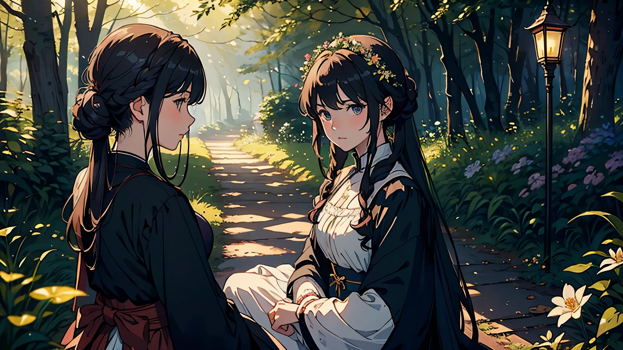 (highest quality, masterpiece, High resolution)、4K Anime Art、Soft Light、(A woman waiting for a friend in the woods、20-year-old)、(Detailed depiction of a beautiful face)、Put your hair up、Medieval European Dress、 evening、A woman is holding a lantern、Fireflies are flying、Lily flowers are blooming、In the woods of England、(Pre-Raphaelite style)、(Edmund Leighton Style)、(sergeant style)、