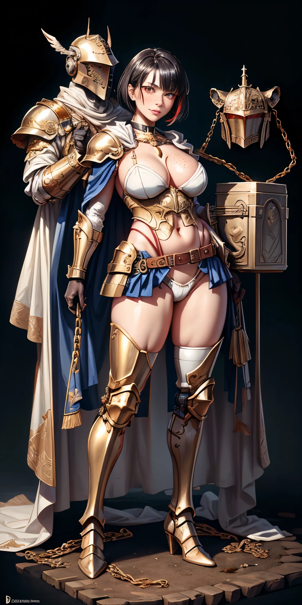 Masterpiece, (flat black background:1.2) solo, detailed face, intricate iris, thick lips, robot girl, (gold and white skin), realistic illustration of a (cyborg girl), (RED eyes), IvoryGoldAI, (freckles),(holding BREATHTAKING:1.2), (gold and white armor:1.2), (looking at viewer:1.2), parted lips, standing straight symmetrical, looking at viewer, lustful smirking smile face red blushed red cheeks, thick thighs, thigh highs, thigh, boots, armor, armored boots, full body armor, bikini armor, big breastplate, pauldron, bracers, leather black choker, tiger claws gloves, short bob white haircut, helmeted, metal shoulders, red long loincloth, longest blue cape reach to the waist, shackles and chains wristbands