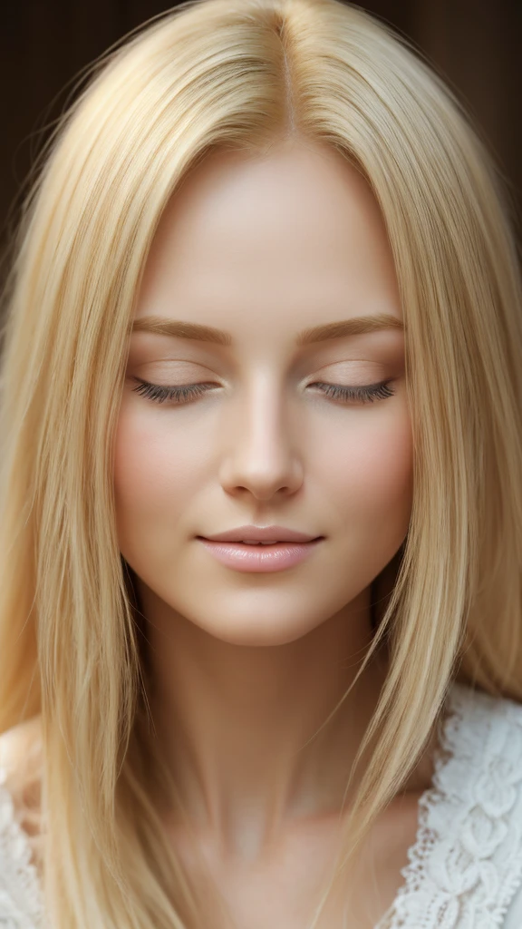 Soft portrait of a beautiful blonde woman, flowing golden hair, captivating blue eyes, delicate features, radiant smile, natural makeup, elegant attire, gentle expression, subtle blush, warm skin tones, ethereal lighting, soft shadows, high-resolution digital painting, realistic style, artistic interpretation, by a skilled portrait artist.