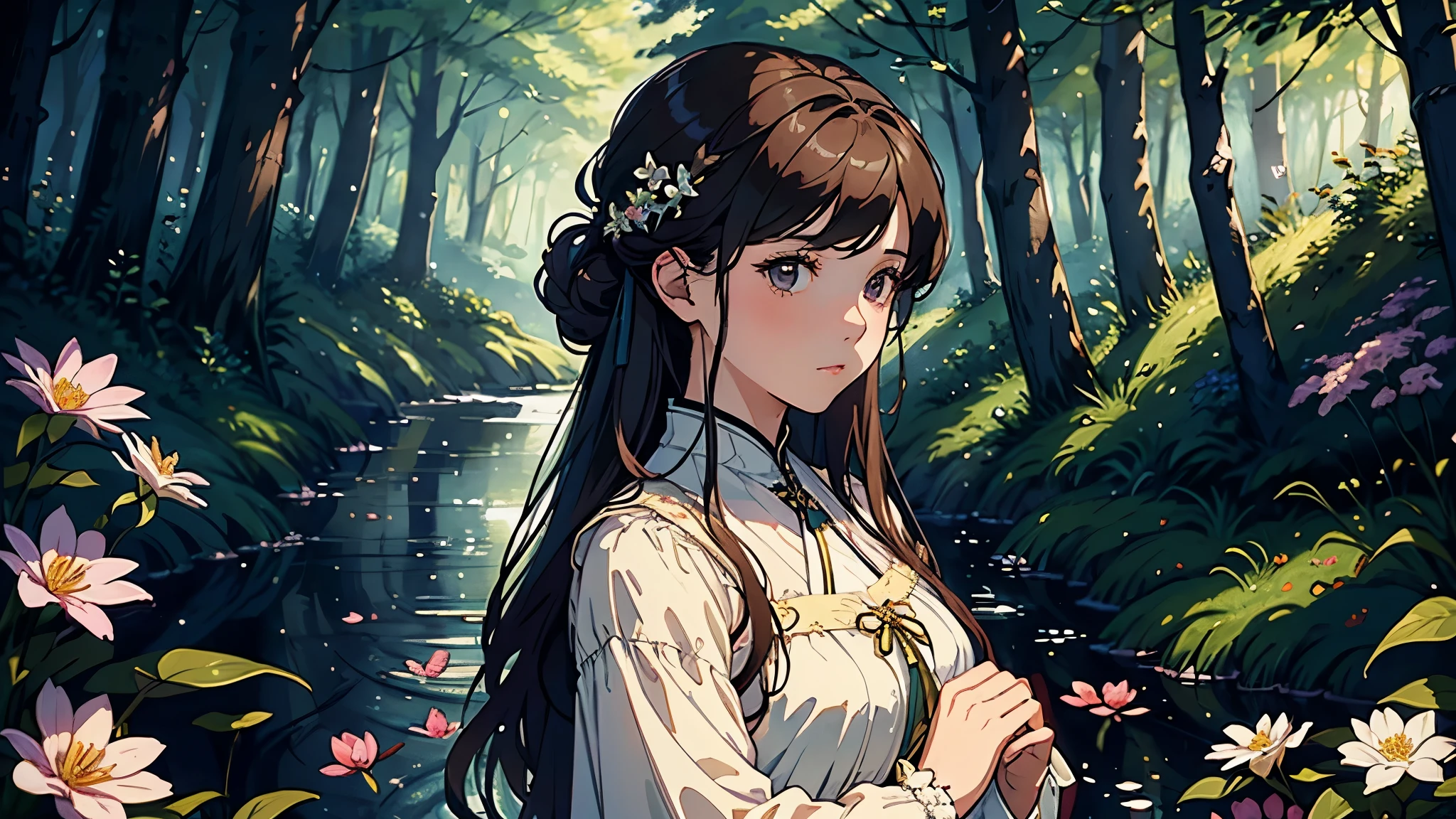 (highest quality, masterpiece, High resolution)、4K Anime Art、Soft Light、(A woman waiting for her lover in the woods、20-year-old)、(Detailed depiction of a beautiful face)、Put your hair up、Medieval European Dress、 evening、A woman is holding a lantern、Fireflies are flying、Lily flowers are blooming、In the woods of England、(Pre-Raphaelite style)、(Edmund Leighton Style)、(sergeant style)、