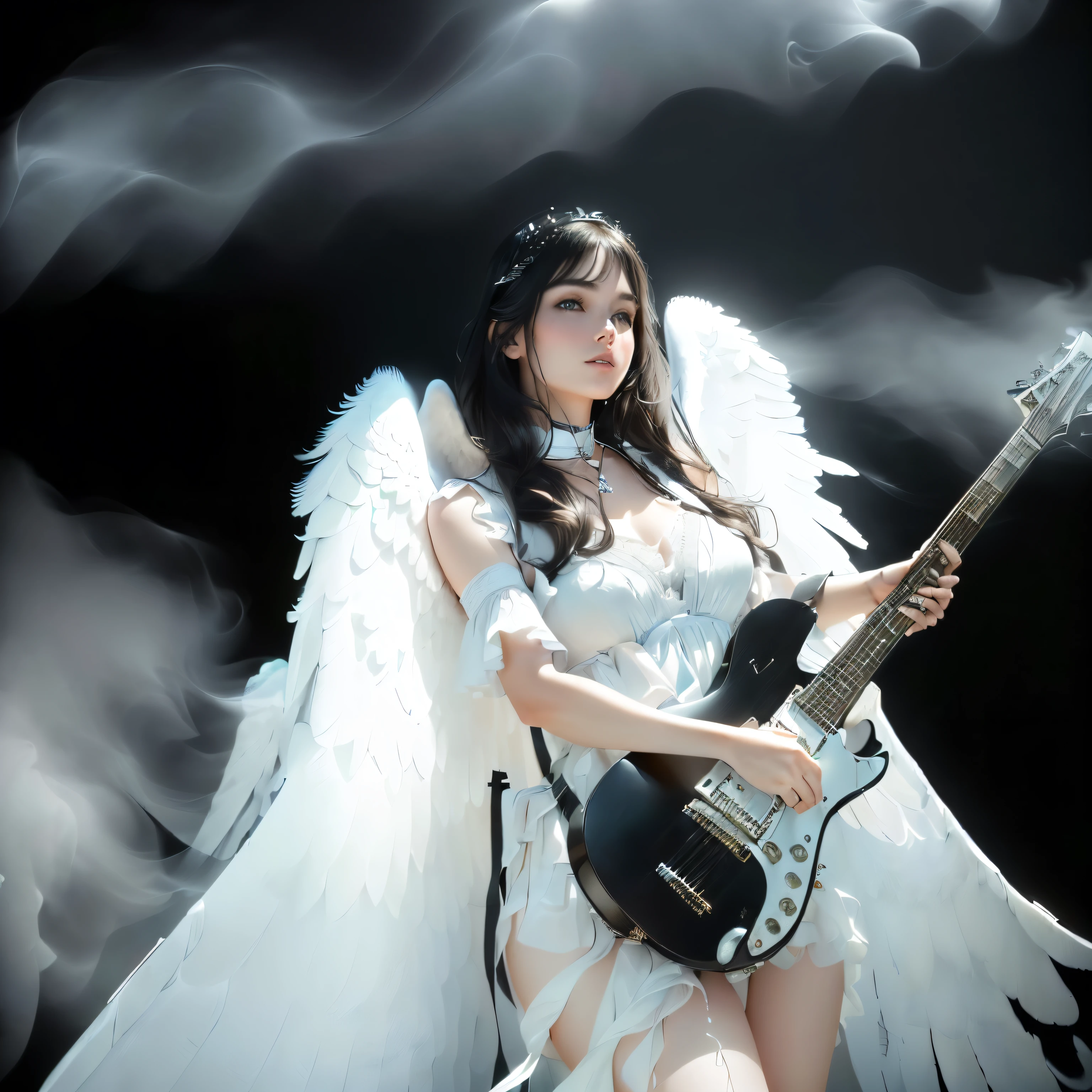 (best quality,4k,8k,highres,masterpiece:1.2),ultra-detailed,(realistic,photorealistic,photo-realistic:1.37),a woman holding a guitar, angelic wings, a young fair-skinned angel, white wings, black background, surrounded by white smoke, beautiful face，The character looks at the audience，Black collar around the neck，Long silky black hair