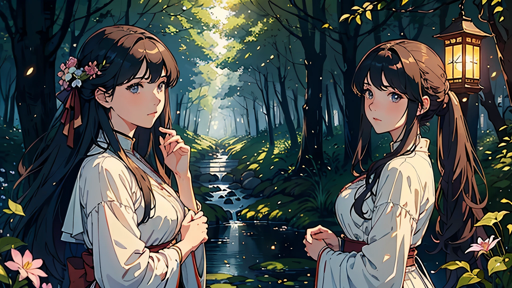 (highest quality, masterpiece, High resolution)、4K Anime Art、Soft Light、(A woman waiting for her lover in the woods、20-year-old)、(Detailed depiction of a beautiful face)、Put your hair up、Medieval European Dress、 evening、A woman is holding a lantern、Fireflies are flying、Lily flowers are blooming、In the woods of England、(Pre-Raphaelite style)、(Edmund Leighton Style)、(sergeant style)、