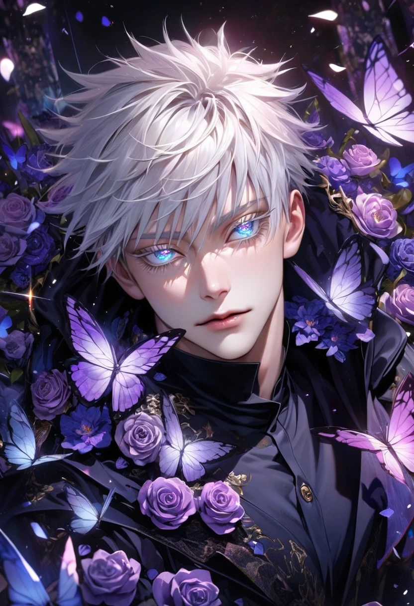 Ultra detailed, HDR, Highres, absurdres, master piece, Gojou Satoru, expressive blue eyes, white hair with bangs, white eyelashes, Jujutsu Kaisen, black coat with patterns, black tight shirt, purple glittering butterflies, purple ice, petals, purple ice roses, sexy man, solo, extremely detailed face and eyes, extremely handsome, glittering, glittering eyes, realistic face,
