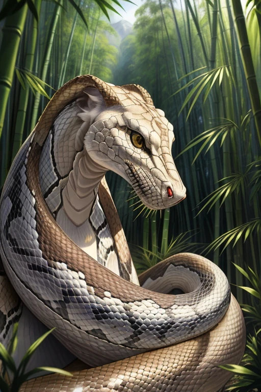 (Absurdres, Intricate Details, Masterpiece, Best Quality, High Resolution, 8k), animal, only animal, one snake with 2 head, giant snake, snake with saber thoot, White snake, super huge snake, super long snake, Bamboo forest in background, rush atmosphere, super detailed background, Depth of Field, VFX.