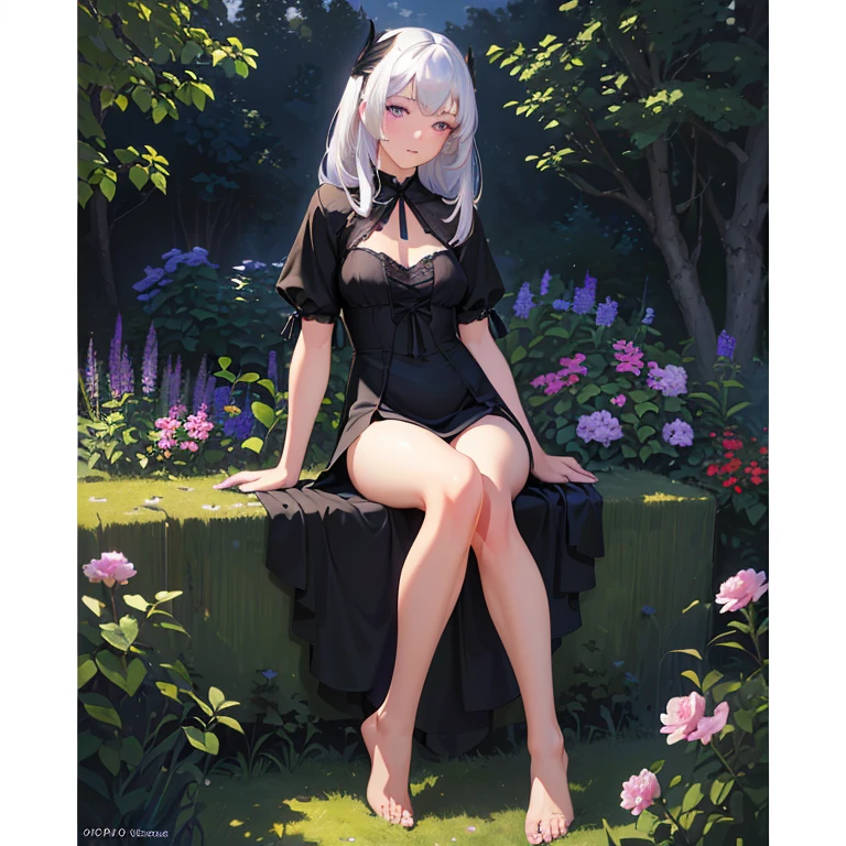 (best quality,4k,8k,highres,masterpiece:1.2),ultra-detailed,(realistic,photorealistic,photo-realistic:1.37),illustration,soft lighting,a girl with white hair,deep purple eyes,glowing eyes,sitting down,barefoot,face blushing,in a garden at night,flowers.Black Silk，Black high heels