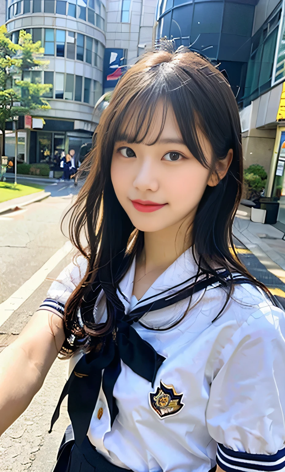Ulzzang-6500-v1.1, (RAW Photos:1.2), (Realistic:1.4), Beautiful detailed girl, Very detailed eyes and face, Beautiful fine details, Ridiculous, Incredibly Ridiculous, Large file size, Super detailed, High resolution, Very detailed, highest quality, masterpiece, Kemomimi, ((Japanese Girls High School Uniform)), figure, Very detailed, CG, Unite, 8k wallpaper, wonderful, The finer details, masterpiece, highest quality, highly detailed cg uniform 8k wallpaper, Face Light, Cinema Lighting, 1 girl, (smile), (Dynamic pose))), Full length portrait of a high school girl standing in a bright city street。She has short black hair、Wearing a standard Japanese sailor uniform。Clothing details include a white collar and cuffs、Includes navy blue pleated skirt。She is wearing black loafers on her feet.、The shoes are clearly visible in the bright sunlight.。She holds a transparent file case in her hand.、Behind him are tall buildings and people passing by.々You can see。Her expression is positive and confident。