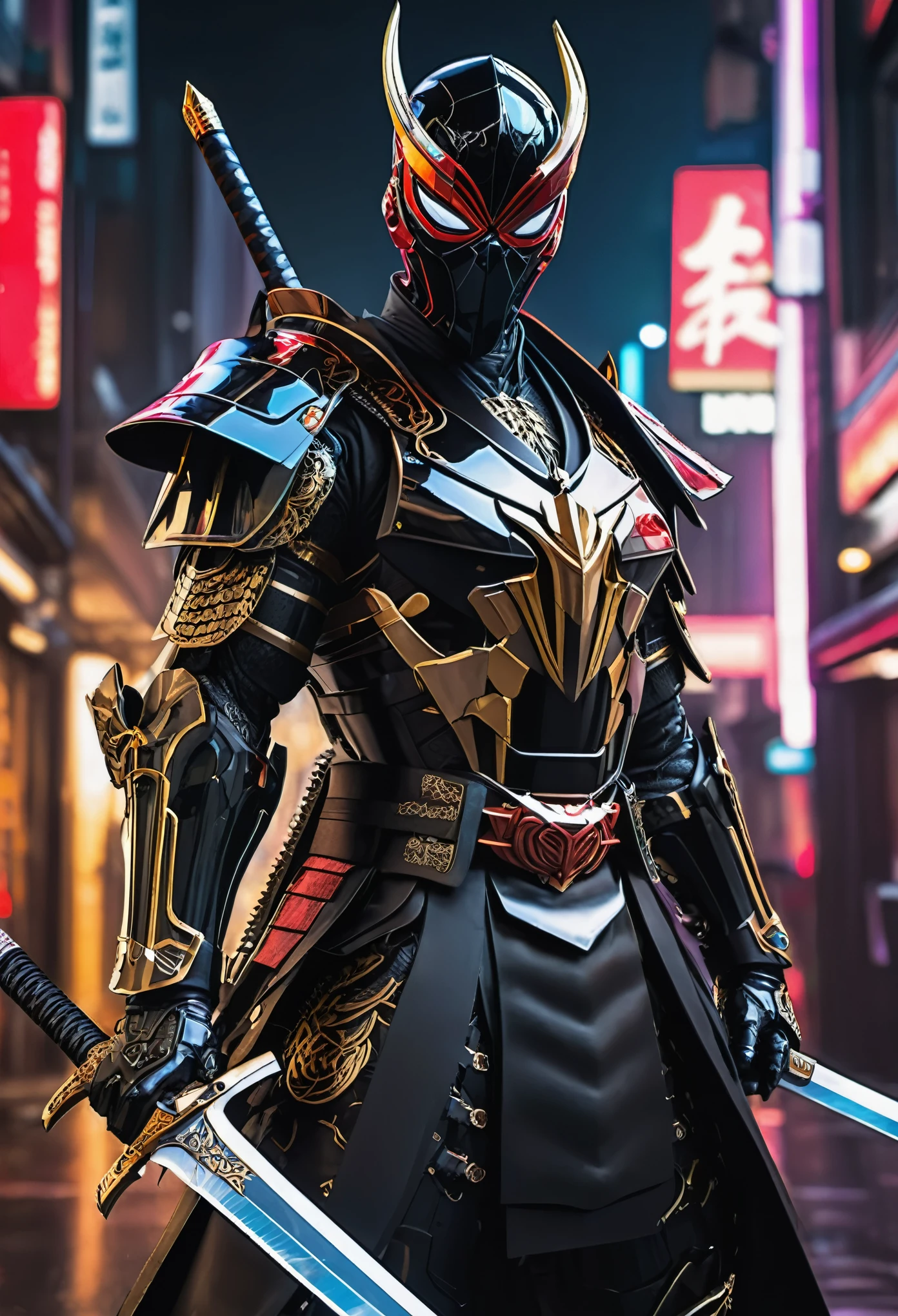 araffe dressed in a black suit holding a sword and a sword, cyborg samurai, cyber japan samurai armor, cyberpunk samurai, very beautiful cyberpunk samurai, full samurai armor spiderman, bio - mechanical ninja samurai, portrait of a cyberpunk samurai, cyber japan style armor, cyber japan armor, celtic and cyberpunk armor, black bull samurai, intricate assasin mecha armor