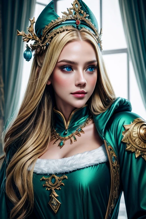 a beautiful empress portrait, blonde hair, perfect blue eyes, with a brilliant, impossible striking big Christmas headpiece, clothes Santa robes, everything Christmas, snow, symmetrical, dramatic studio lighting, rococo, baroque, greens, asian, hyperrealism, closeup, D&D, fantasy, intricate, elegant, highly detailed, digital painting, artstation, octane render, 8k, concept art, matte, sharp focus