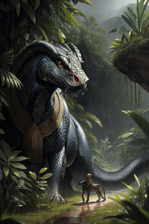 (Absurdres, Intricate Details, Masterpiece, Best Quality, High Resolution, 8k), animal, giant animal, animal, giant snake, snake with saber thoot, black snake, super huge snake, super long snake, rain forest in background, rush atmosphere, super detailed background, Depth of Field, VFX.