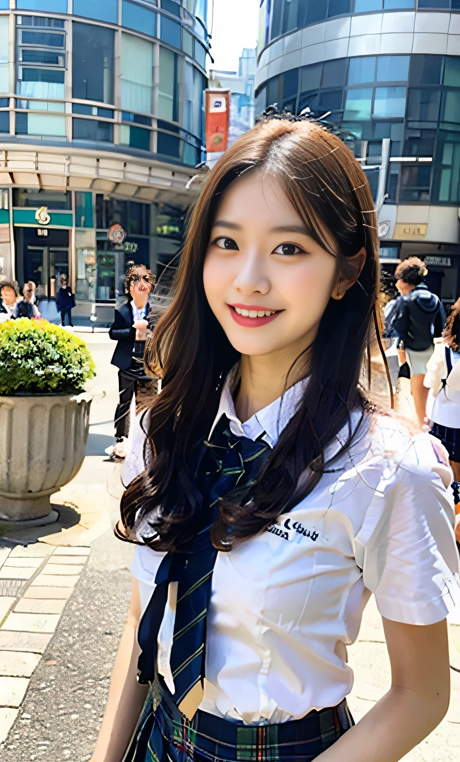 Ulzzang-6500-v1.1, (RAW Photos:1.2), (Realistic:1.4), Beautiful detailed girl, Very detailed eyes and face, Beautiful fine details, Ridiculous, Incredibly Ridiculous, Large file size, Super detailed, High resolution, Very detailed, highest quality, masterpiece, Kemomimi, ((Japanese Girls High School Uniform)), figure, Very detailed, CG, Unite, 8k wallpaper, wonderful, The finer details, masterpiece, highest quality, highly detailed cg uniform 8k wallpaper, Face Light, Cinema Lighting, 1 girl,  (smile), (Dynamic pose))), Full length portrait of a high school girl standing in a bright city street。。She is wearing black loafers on her feet.、The shoes are clearly visible in the bright sunlight.。Behind him are tall buildings and people passing by.々You can see。Her expression is positive and confident。