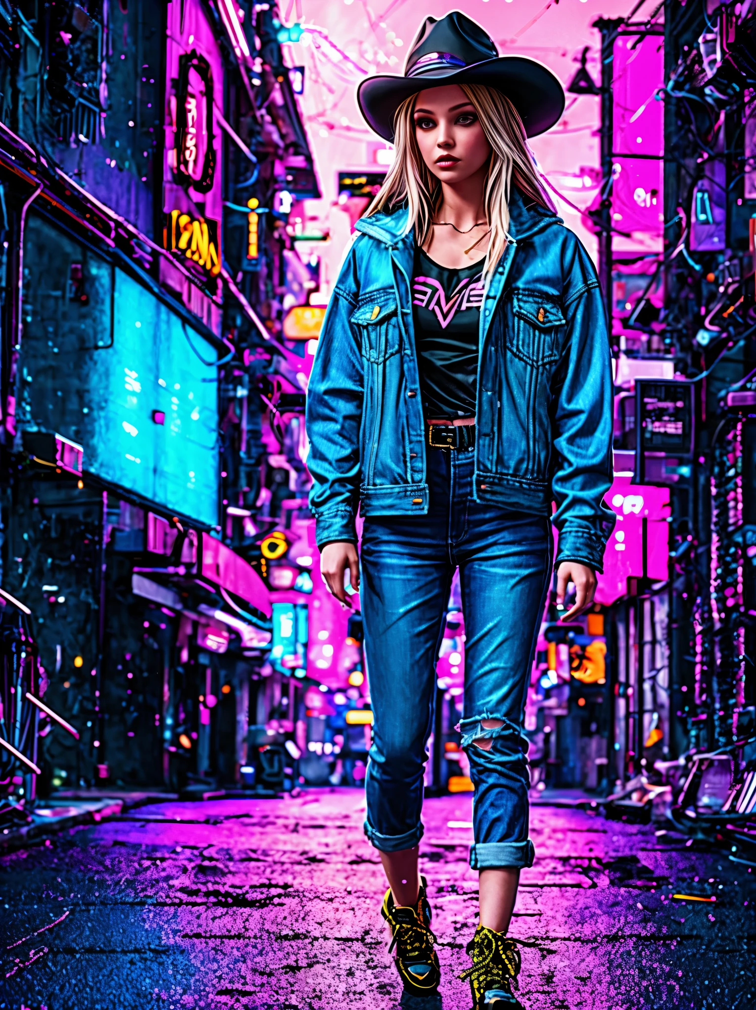 (Representative :1.2), 16k, neon background, Cyberpunk background, Cyberpunk, get off the sports car, Neon lighting effect reflected on the character's body, neon lighting effect, line neon,1 girl, night, blurred background, brown eyes, cowboy, denim jacket, depth of field, hands in pockets, upper body, slanted body, above hips, hat, hoodie, coat, jeans, lips, looking at the viewer, neon, open clothes, open jacket, slightly lifted lips , rainbow, shirt, solo, standing,(Exquisite and perfect demeanor:1.3),(dream),(Ultra HD, masterpiece, precise, Anatomically correct, textured skin, High Detail, high quality, The award-winning, 8k)
