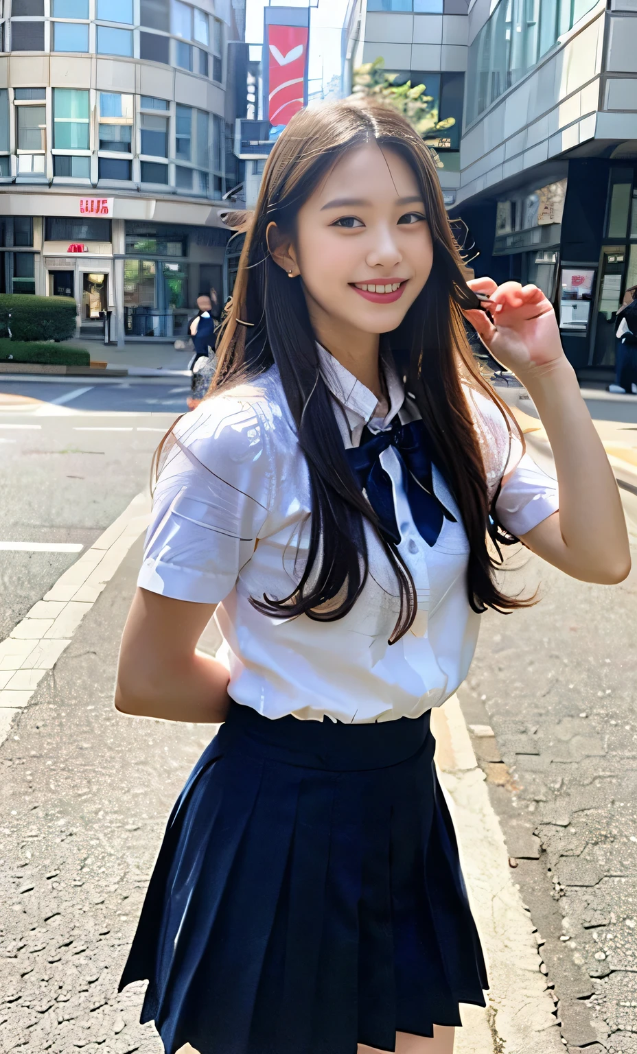 Ulzzang-6500-v1.1, (RAW Photos:1.2), (Realistic:1.4), Beautiful detailed girl, Very detailed eyes and face, Beautiful fine details, Beautiful legs、Ridiculous, Incredibly Ridiculous, Large file size, Super detailed, High resolution, Very detailed, highest quality, masterpiece, Kemomimi, ((Japanese Girls High School Uniform)), Face Light, Cinema Lighting, 1 girl, (smile), (Dynamic pose))), Full length portrait of a high school girl standing in a bright city street。。She is wearing black loafers on her feet.、The shoes are clearly visible in the bright sunlight.。Behind him are tall buildings and people passing by.々You can see。Her expression is positive and confident。