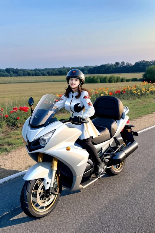 fantaisie,  illustration de 5 chiens cavaliers king charles tricolores noirs, blancs et marrons, chevauchant de grosses motos en tenues de motards en cuir noir et casques de moto blancs, on a country road lined with flowers.  the sun rises on the horizon.  ambiance festive. Realistic.