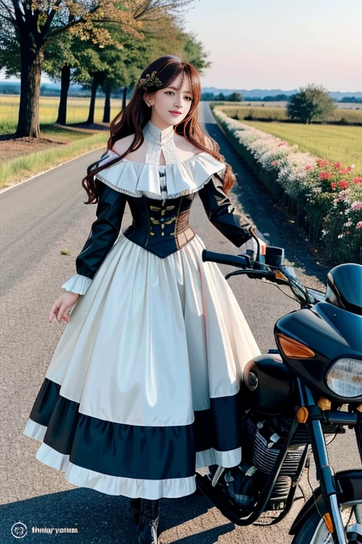 fantaisie, illustration de 5 chiens cavaliers king charles tricolores noirs, blancs et marrons, chevauchant de grosses motos en tenues de motards en cuir noir et casques de moto blancs, on a country road lined with flowers. the sun rises on the horizon. ambiance festive. Realistic.