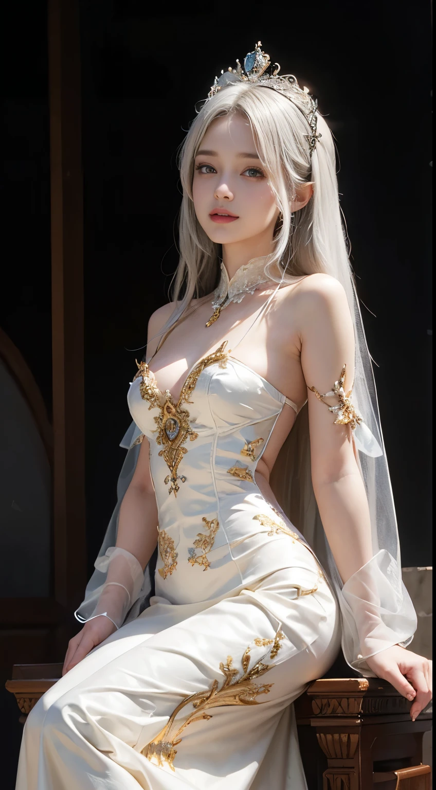 (Masterpiece:1.2), best quality, (illustration:1.2), (ultra-detailed), hyper details, (delicate detailed), (intricate details), (cinematic light, best quality Backlights), clear line, from below, soloist, perfect body, (1girl), white hair and yellow eyes, (emperor, see-through clothes), (crown: 1.1), sitting on the throne, smile, (shy: 1.2 ), (makeup), high contrast, (best illumination, an extremely create and beautiful), (cinematic light), colorful
