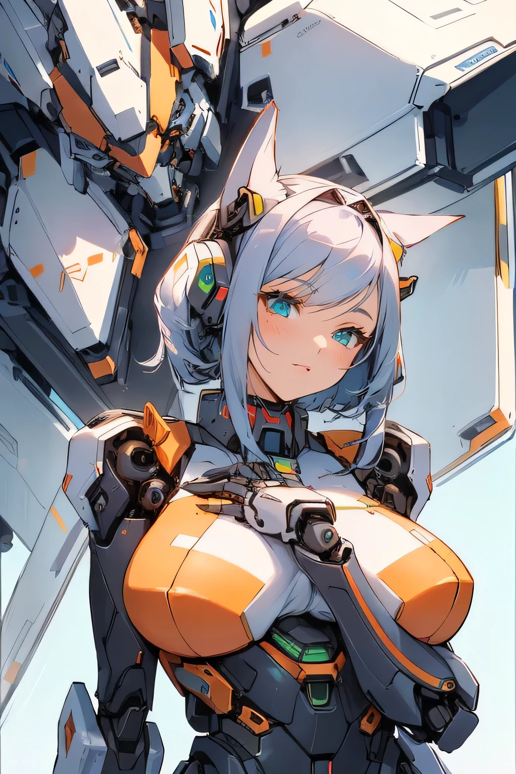 Close-up of a robot and a woman in a futuristic costume, bioMechanical oppai, completely robot!! catgirl, female Mecha, # Mecha, completely robot!! girl, BoobsCyberpunk, girl in Mecha cyber armor, A mix of anime robots and organic matter, Krentz Kuschaert, Casciato, Mecha suit, cool Mecha style