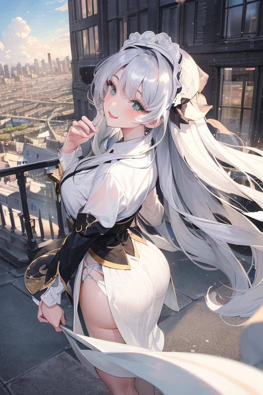 official art, masterpiece, Sharp focus, (Beautiful, gorgeous and cute Korean woman:1.3), (beautiful and cute korean:1.3), Korean beauty, Exquisite and beautiful hair、Eyes and face, Practical, Ultra Detailed, beautiful girl, Blue sky, Glowing white particles, (Side Light:1.2), Sunlight, Baiyun, Detailed clouds, slim, Very cute big and big butt, Smile with teeth bared, ((Smile with your eyes, Open your eyes)), landscape, Long and straight hair, Sexy facial expressions, architecture, (city View:1.7), Dynamic Hair, very Long and straight hair, Delicate platinum silver hair, Green eyes, Pink skirt, Black socks, Pale skin, Hair accessories, epic landscape,,White high heels,Nice butt,Beautiful buttocks,Nothing under the skirt,Weight loss
