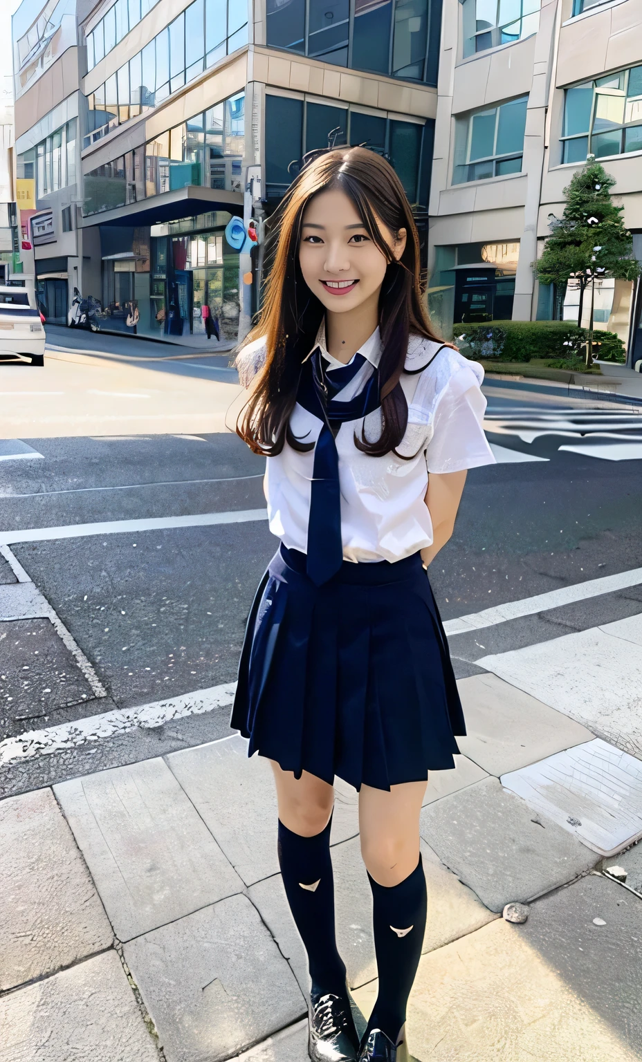 Ulzzang-6500-v1.1, (RAW Photos:1.2), (Realistic:1.4), Beautiful detailed girl, Very detailed eyes and face, Beautiful fine details, Beautiful legs、Ridiculous, Incredibly Ridiculous, Large file size, Super detailed, High resolution, Very detailed, highest quality, masterpiece, Kemomimi, ((Japanese Girls High School Uniform)), Face Light, Cinema Lighting, 1 girl, (smile), (Dynamic pose))), Full length portrait of a high school girl standing in a bright city street。。She is wearing black loafers on her feet.、The shoes are clearly visible in the bright sunlight.。Behind him are tall buildings and people passing by.々You can see。Her expression is positive and confident。