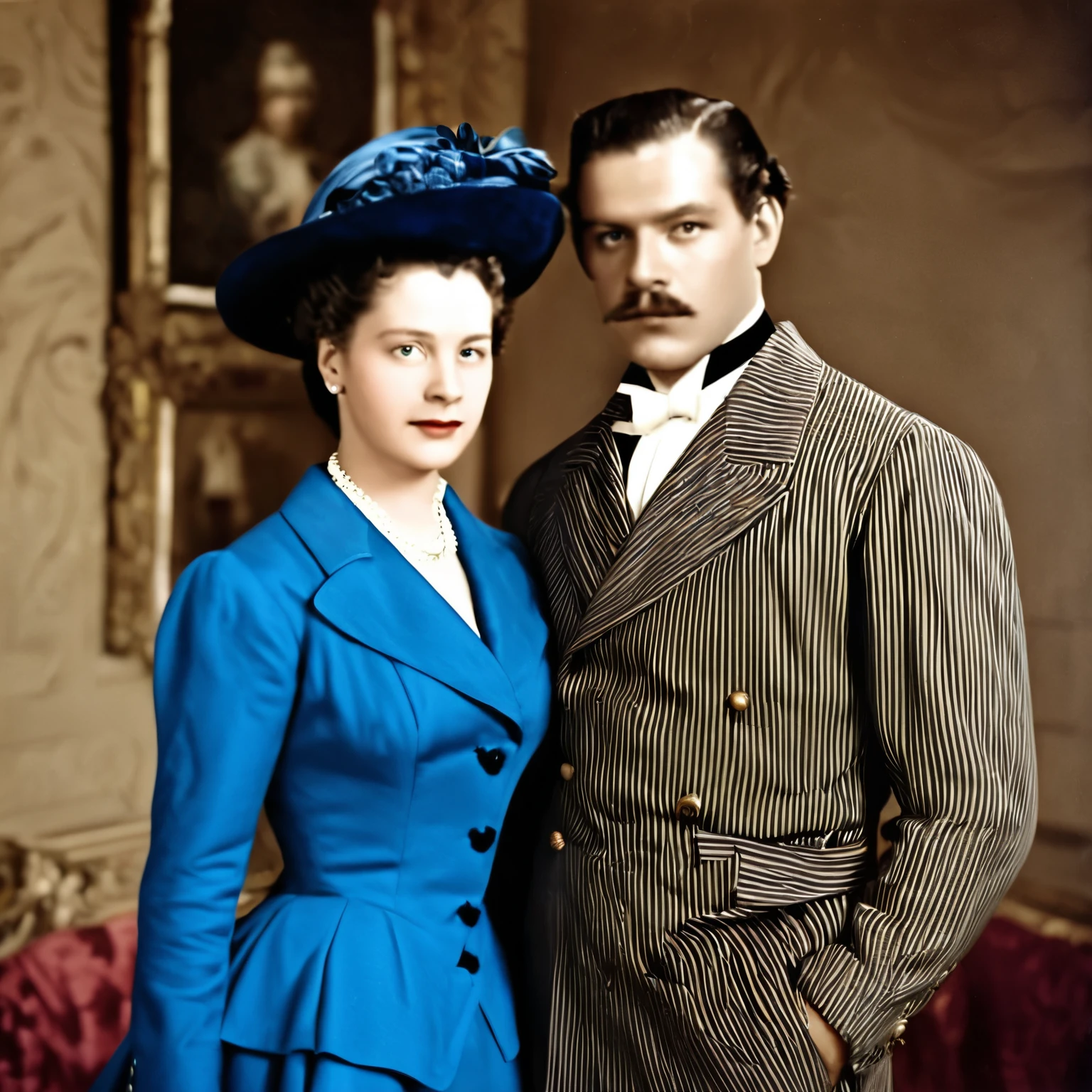 Criar imagem de um casal da era vitoriana. Ele tem cabelos negros, ela, cabelos castanhos escuros. Ele veste um fraque azul escuro. Ela veste um vestido simples bege.