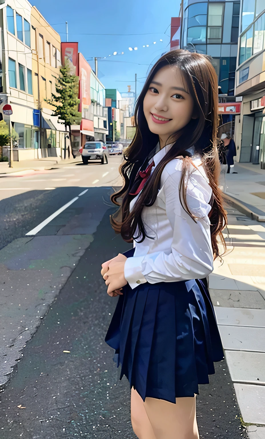 Ulzzang-6500-v1.1, (RAW Photos:1.2), (Realistic:1.4), Beautiful detailed girl, Very detailed eyes and face, Beautiful fine details, Beautiful legs、Ridiculous, Incredibly Ridiculous, Large file size, Super detailed, High resolution, Very detailed, highest quality, masterpiece, Kemomimi, ((Japanese Girls High School Uniform)), Face Light, Cinema Lighting, 1 girl, (smile), (Dynamic pose))), Full length portrait of a high school girl standing in a bright city street。。She is wearing black loafers on her feet.、The shoes are clearly visible in the bright sunlight.。Behind him are tall buildings and people passing by.々You can see。Her expression is positive and confident。