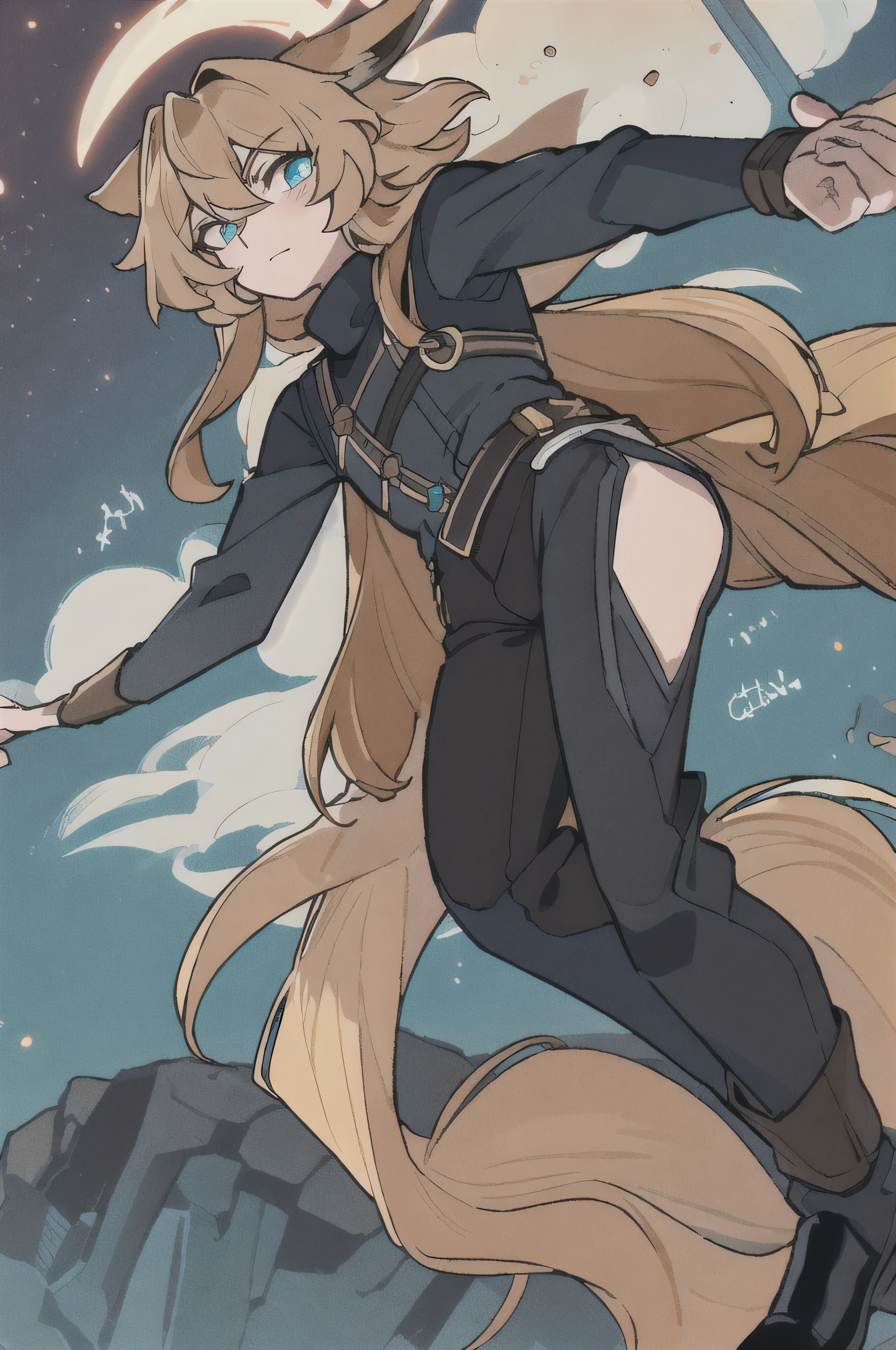 At 12 ft tall young man half human half beastmen Fox have big fluffy fox ears and Cherry dirty blonde hair and a big fluffy foxtail black pants and black shoes and a dark blue turtleneck with no sleeves a teal blue eye