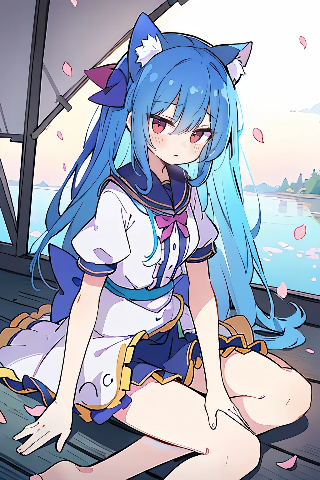 (masterpiece:1.2),ultra-detailed,realistic,expressive eyes,fair-skinned,perfectly shaped face,1girl,
Japanese cartoons,Gorgeous blue hair, flowing blue hair,floating clothes,cat ears,petals falling,beautiful Lola,Hina Angel,
hands on waist,gracefully sitting on the ground,legs crossed,gentle and serene background,cool and comfortable pavilion,sunrise.