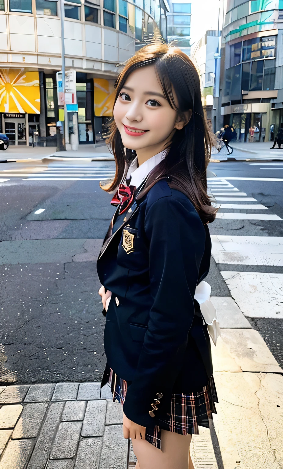 Ulzzang-6500-v1.1, (RAW Photos:1.2), (Realistic:1.4), Beautiful detailed girl, Very detailed eyes and face, Beautiful fine details, Beautiful legs、Ridiculous, Incredibly Ridiculous, Large file size, Super detailed, High resolution, Very detailed, highest quality, masterpiece, Kemomimi, ((Japanese Girls High School Uniform)), Face Light, Cinema Lighting, 1 girl, (smile), (Dynamic pose))), Full length portrait of a high school girl standing in a bright city street。。She is wearing black loafers on her feet.、The shoes are clearly visible in the bright sunlight.。Behind him are tall buildings and people passing by.々You can see。Her expression is positive and confident。