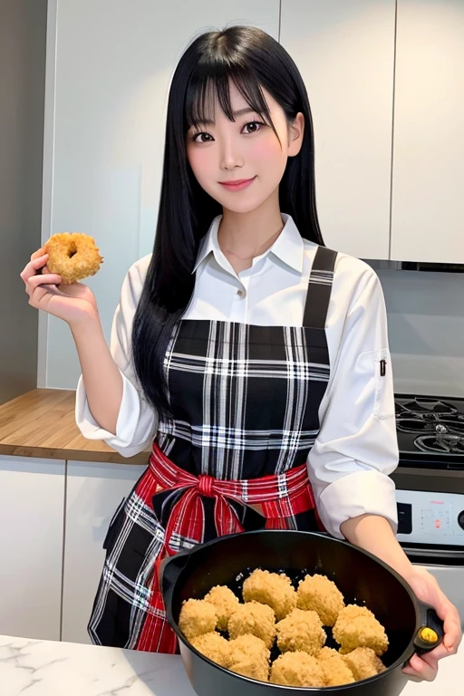 "Generate an image featuring a stunning Asian girl wearing a plaid apron, with sleek black hair cascading down her shoulders. She holds vacuum-packed chicken nuggets, each stick-shaped, measuring 6 cm long, 1 cm wide, and 1 cm thick. Her almond-shaped eyes sparkle with enthusiasm as she presents them, while a plate of cooked chicken nuggets sits nearby, enticing viewers to indulge in culinary delights."
