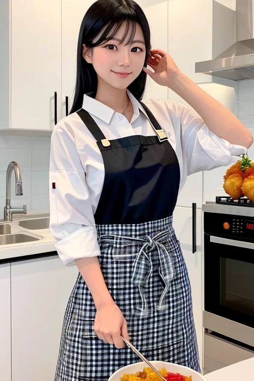 "Generate an image featuring a stunning Asian girl wearing a plaid apron, with sleek black hair cascading down her shoulders. She holds vacuum-packed chicken nuggets, each stick-shaped, measuring 6 cm long, 1 cm wide, and 1 cm thick. Her almond-shaped eyes sparkle with enthusiasm as she presents them, while a plate of cooked chicken nuggets sits nearby, enticing viewers to indulge in culinary delights."