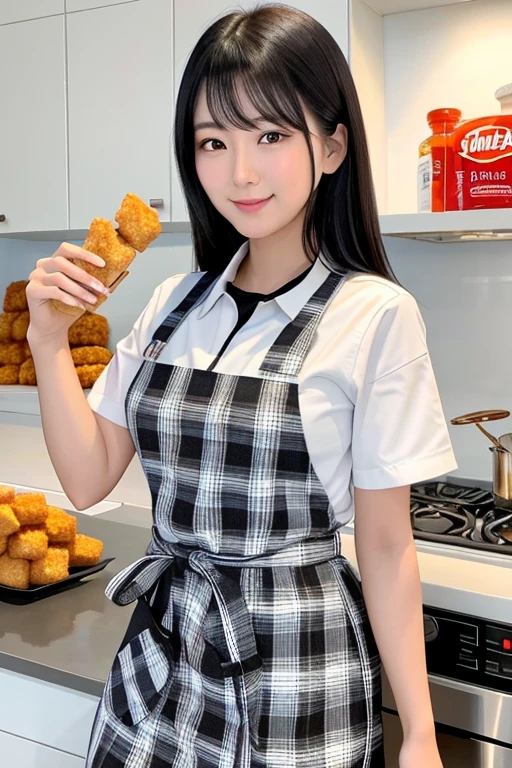 "Generate an image featuring a stunning Asian girl wearing a plaid apron, with sleek black hair cascading down her shoulders. She holds vacuum-packed chicken nuggets, each stick-shaped, measuring 6 cm long, 1 cm wide, and 1 cm thick. Her almond-shaped eyes sparkle with enthusiasm as she presents them, while a plate of cooked chicken nuggets sits nearby, enticing viewers to indulge in culinary delights."