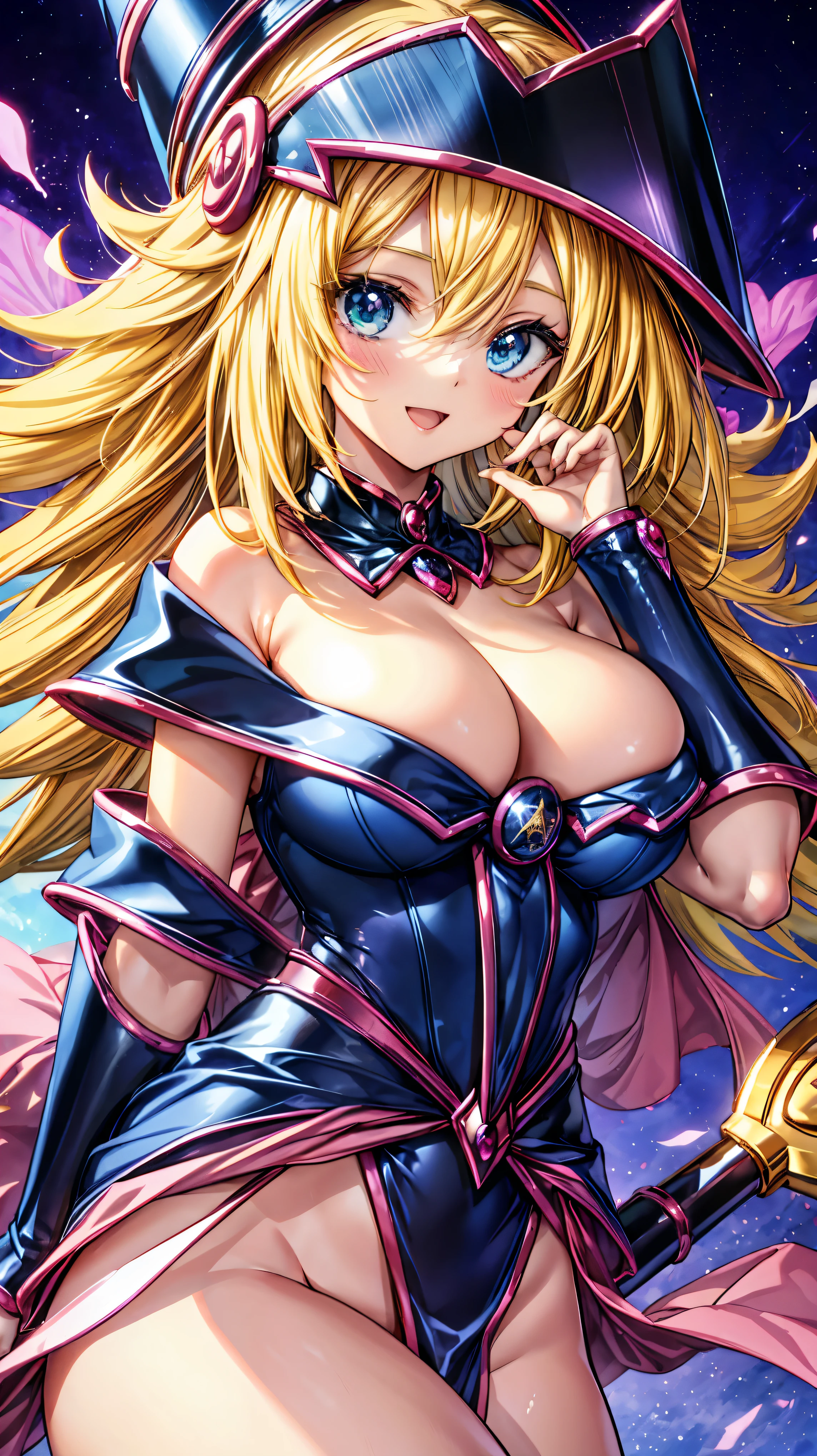 Very detailed、highest quality、Best image quality、masterpiece、8k、Anime Face、A kind smile、Open your mouth、Blonde Hair Color、Black Magician Girl