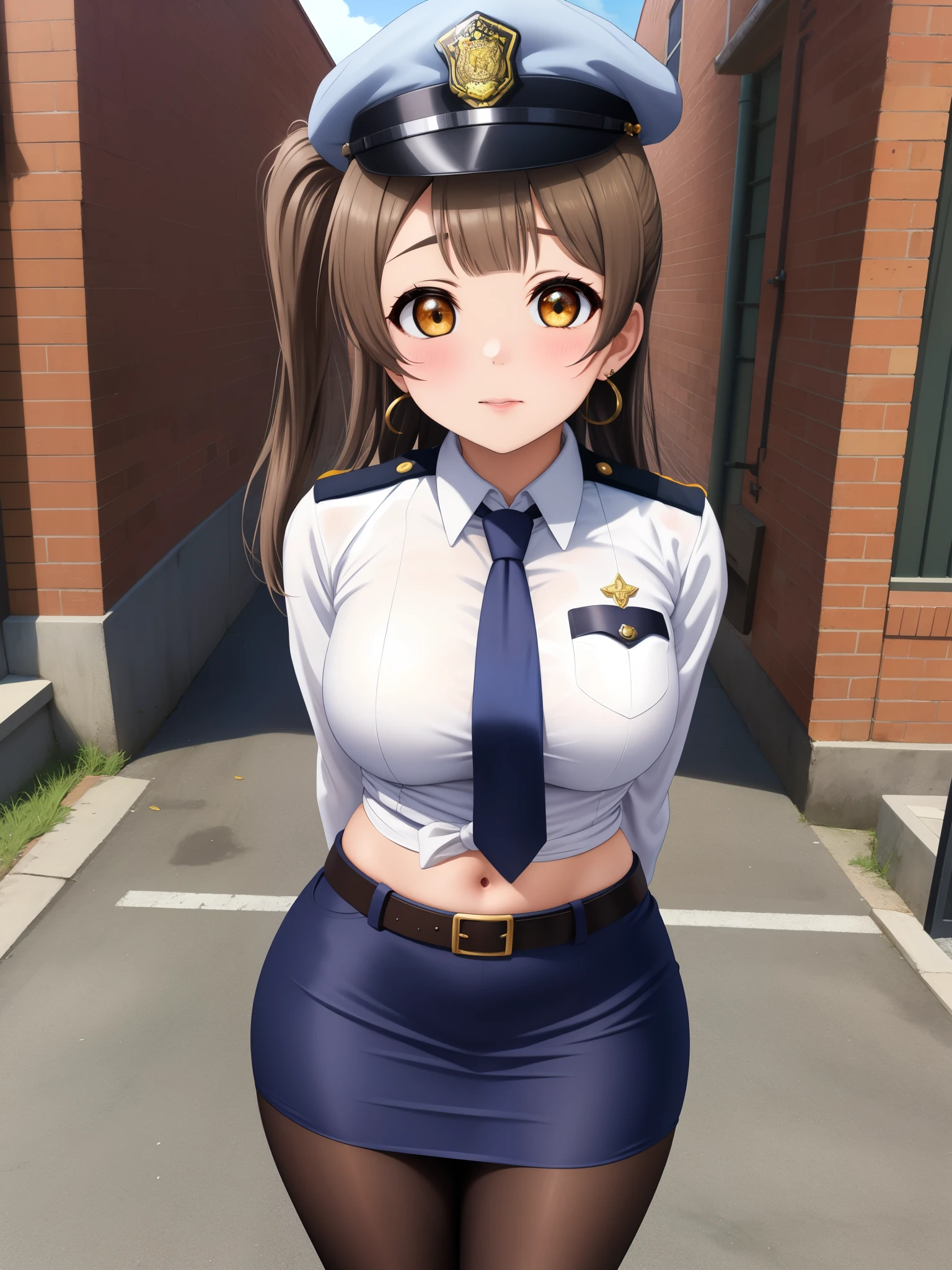 Masterpiece, best quality, solo, (detailed face), minami kotori, curvy body ,white shirt,half sleeves,earrings,mini pencil skirt, necktie , standing,police cap,in street,looking at viewer, cowboy shot, thighs, wide hips , arms behind back ,solo ,belt, pantyhose , skin tight ,pov after sex, begging , midriff,