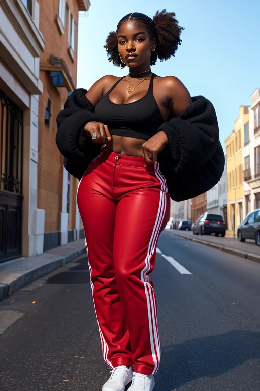 melanin, une femme, tres belle,weighs 100 kg,belle jambe lisse, bien foutue [clivage|curved|Gros cul], porter du streetwear, marcher dans le ghetto américain