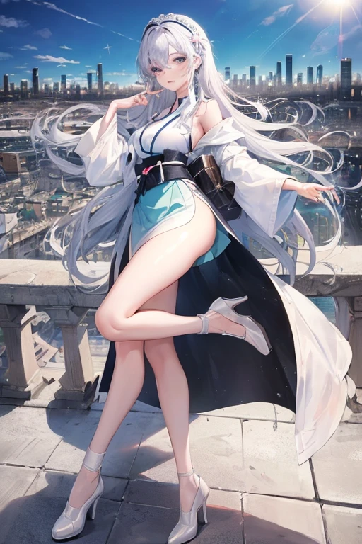 official art, masterpiece, Sharp focus, (Beautiful, gorgeous and cute Korean woman:1.3), (beautiful and cute korean:1.3), Korean beauty, Exquisite and beautiful hair、Eyes and face, Practical, Ultra Detailed, beautiful girl, Blue sky, Glowing white particles, (Side Light:1.2), Sunlight, Baiyun, Detailed clouds, slim, Very cute big  and big butt, Smile with teeth bared, ((Smile with your eyes, Open your eyes)), landscape, Long and straight hair, Sexy facial expressions, architecture, (city View:1.7), Dynamic Hair, very Long and straight hair, Delicate platinum silver hair, Green eyes, Pink skirt, Black socks, Pale skin, Hair accessories, epic landscape,，White high heels，Nice butt，Beautiful buttocks，Nothing under the skirt，Weight loss