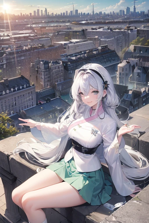 official art, masterpiece, Sharp focus, (Beautiful, gorgeous and cute Korean woman:1.3), (beautiful and cute korean:1.3), Korean beauty, Exquisite and beautiful hair、Eyes and face, Practical, Ultra Detailed, beautiful girl, Blue sky, Glowing white particles, (Side Light:1.2), Sunlight, Baiyun, Detailed clouds, slim, Very cute big and big butt, Smile with teeth bared, ((Smile with your eyes, Open your eyes)), landscape, Long and straight hair, Sexy facial expressions, architecture, (city View:1.7), Dynamic Hair, very Long and straight hair, Delicate platinum silver hair, Green eyes, Pink skirt, Black socks, Pale skin, Hair accessories, epic landscape,,White high heels,Nice butt,Beautiful buttocks,Nothing under the skirt,Weight loss