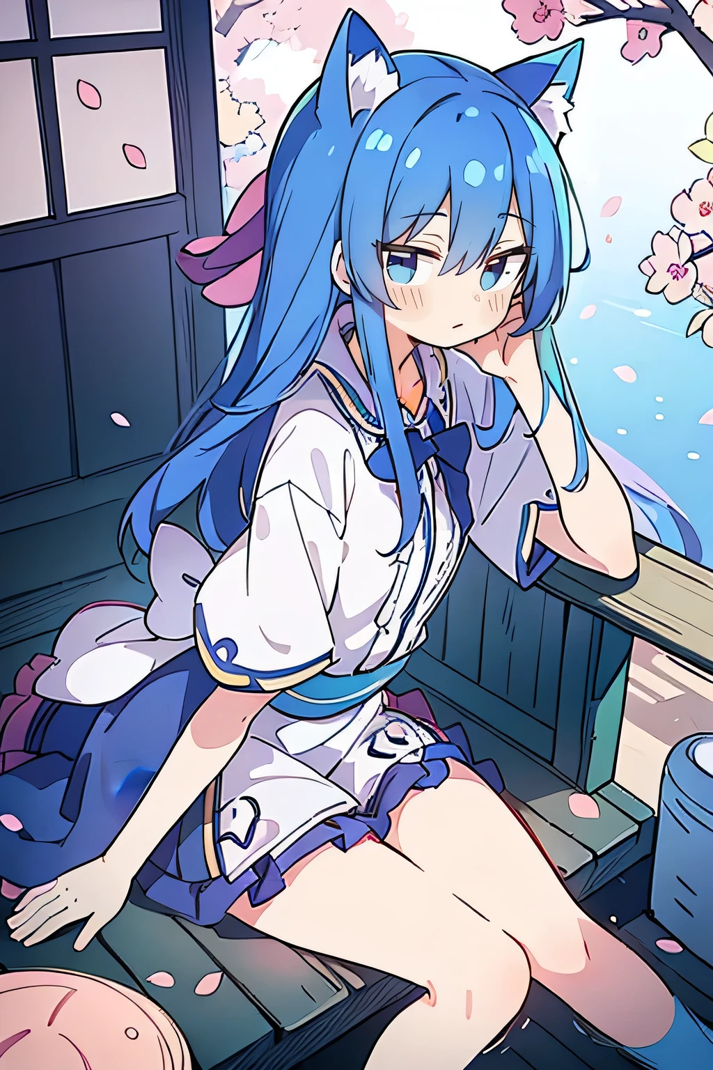 (masterpiece:1.2),ultra-detailed,realistic,expressive eyes,fair-skinned,perfectly shaped face,1girl,
Japanese cartoons,Gorgeous blue hair, flowing blue hair,floating clothes,cat ears,petals falling,beautiful Lola,Hina Angel,
hands on waist,gracefully sitting on the ground,legs crossed,gentle and serene background,cool and comfortable pavilion,sunrise.