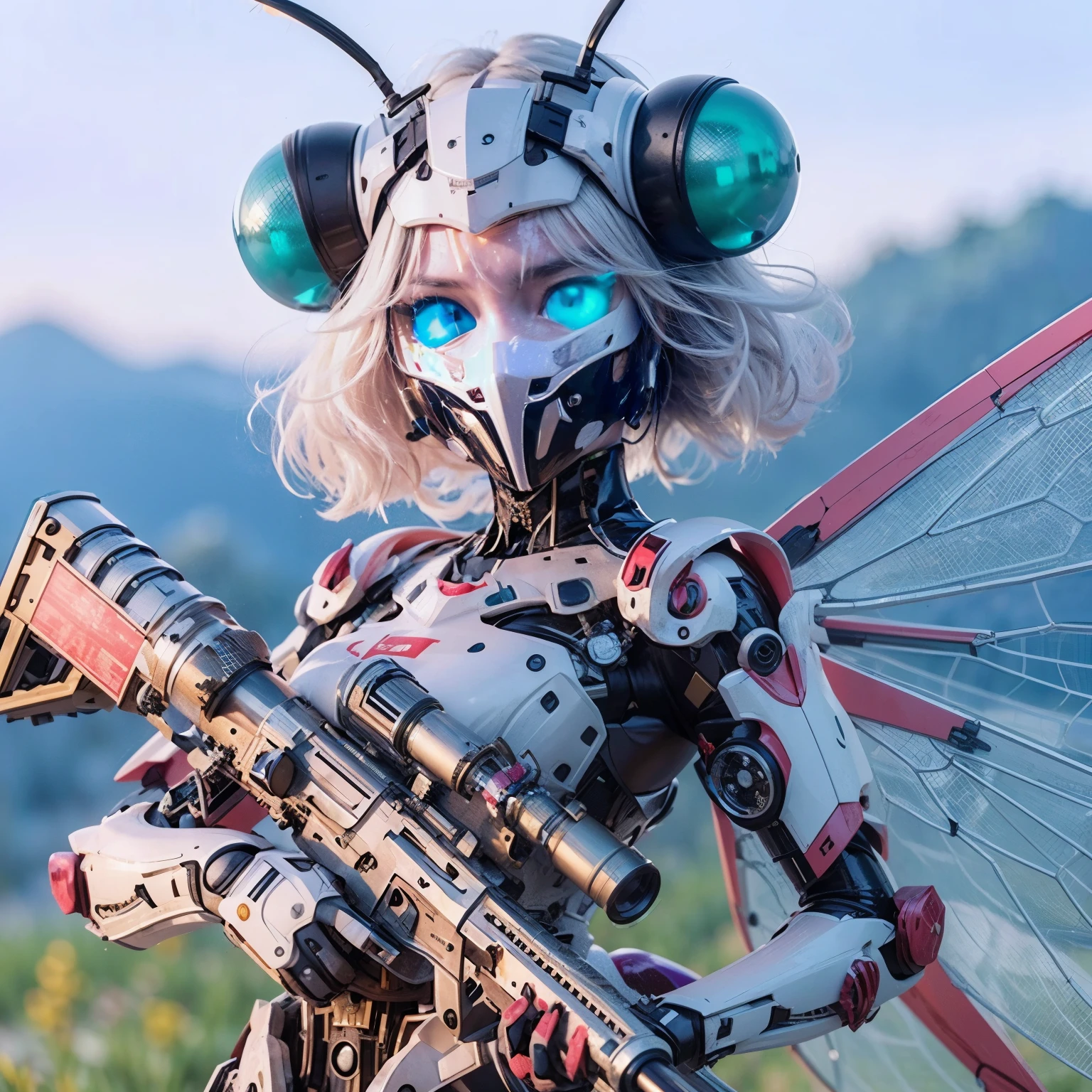 (masterpiece, best quality:1.2), (8k uhd, 16k, 32k, ultra high res), (photorealistic:1.37), (RAW photo), ultimate-realistic, ultimate-realistic details, ultimate-realistic texture, ultimate-intricate details, ultimate-realistic lighting, ultimate-realistic shadow, japanese girl, ultimate-cute face, ultimate-RAW skin, ultimate-realistic eyes, white hair, Japanese woman in insect powered suit, cannon mounted on shoulder, very cute face, mechanical, extremely intricate details, full body shot, ultimate photorealistic, big city locked down