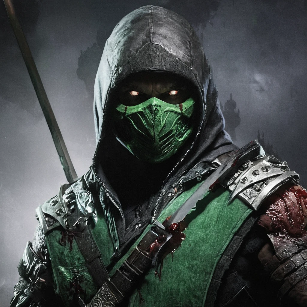 UHD, 4k, ultra detailed, cinematic, a photograph of Reptile in Mortal Kombat style, fictional universe consisting of numerous realms, a creepy hoodie man with a bloody face and a bloody hand and bloody teeth holding a bloody skull in the dark,solo,1boy,holding,weapon,male focus,sword,signature,holding weapon,armor,blood,holding sword,helmet,black background , Live-action, white sclera eyes, muscular, fitness, fighters, Action-adventure, brutal and gruesome, Mortal Kombat style, mk style, epic, beautiful lighting, inpsiring