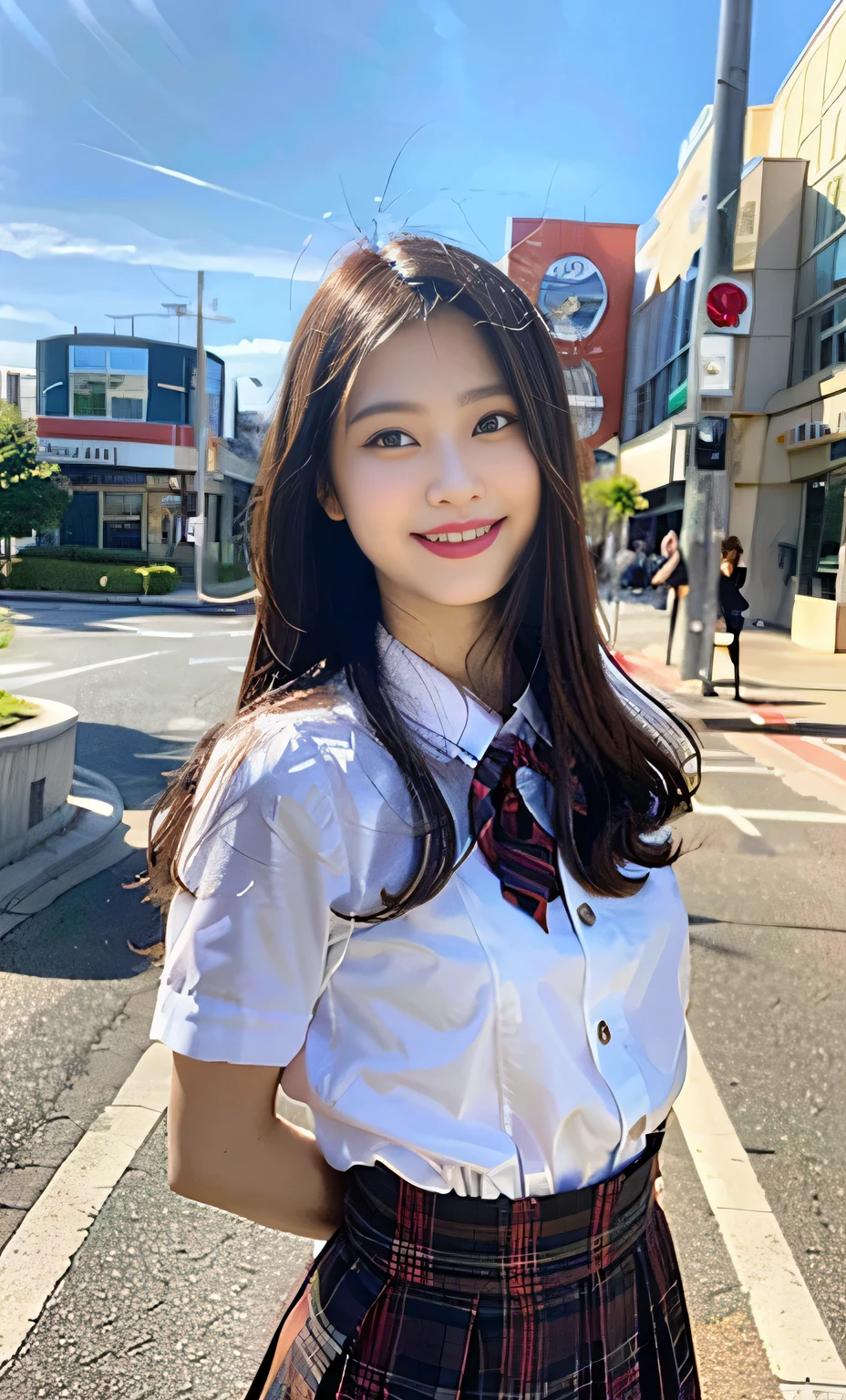 Ulzzang-6500-v1.1, (RAW Photos:1.2), (Realistic:1.4), Beautiful detailed girl, Very detailed eyes and face, Beautiful fine details, Beautiful legs、Ridiculous, Incredibly Ridiculous, Large file size, True Face、Super detailed, High resolution, Very detailed, highest quality, masterpiece, Kemomimi, ((Japanese Girls High School Uniform)), Face Light, Cinema Lighting, 1 girl,  (smile), (Dynamic pose))), Full length portrait of a high school girl standing in a bright city street。。She is wearing black loafers on her feet.、The shoes are clearly visible in the bright sunlight.。Behind him are tall buildings and people passing by.々You can see。Her expression is positive and confident。
