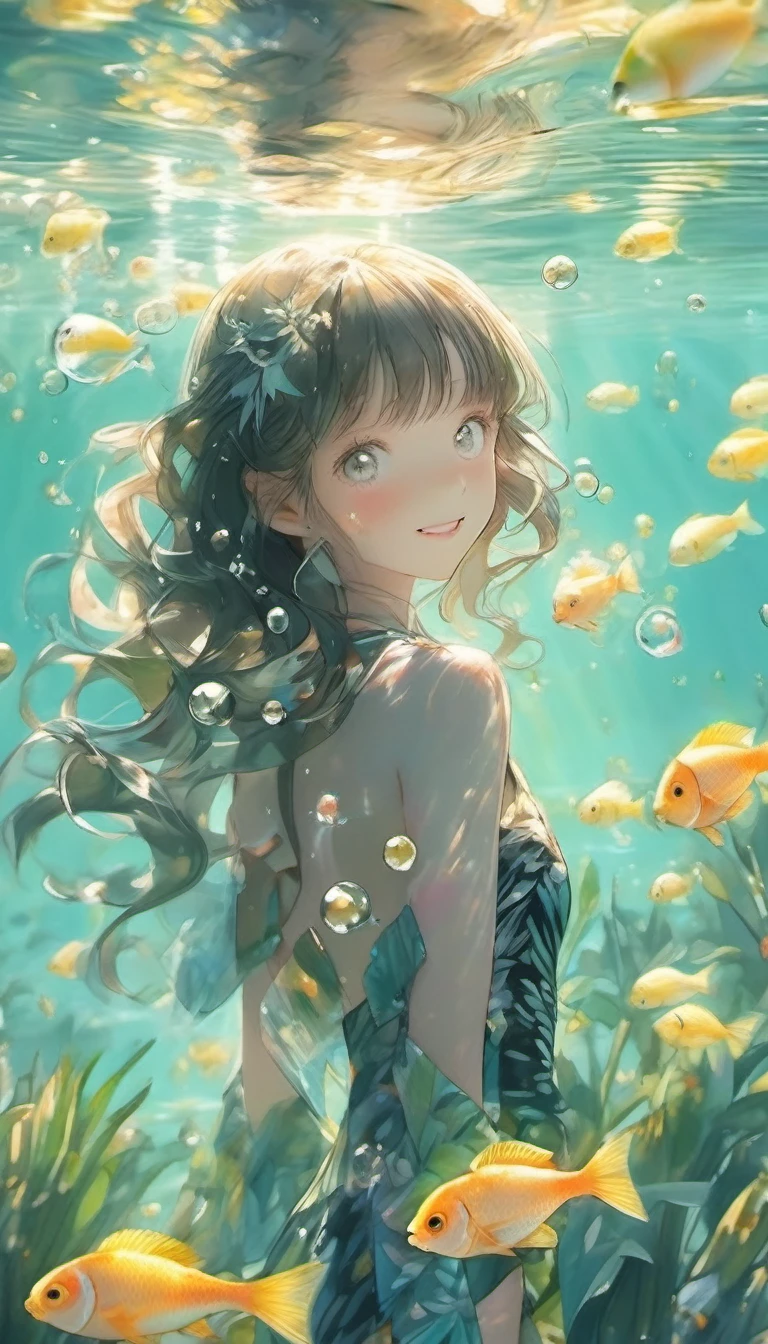 (masterpiece:1.3), (best quality:1.2), (illustration:1.2), (ultra detailed:1.2), (pixiv:1.4), ultra high res, watercolor, a girl with mimosa-colored and blunt bangs hair and eyes, (masterpiece:1.3), (best quality:1.2), (illustration:1.2), (ultra detailed:1.2), (pixiv:1.4), ultra high res, watercolor,looking at viewer ,focus eye,flat chest,slender,shining, many rays, (transparent lake:1.3), emerald lake, a black bikini, swimming under water, (tropical fish:1.3) pastel tones, flat tones, upward glance, tilt head, full body, twinkle smile, 1girl, solo, ars old, detailed beautiful face and eyes, fashion model, tall, slender legs, medium breasts, hair fluttering, (well-proportioned body:1.2), (dynamic angle:1.3) (beautiful hair:1.2), (masterpiece:1.2) , (best quality:1.2) , (ultra-detailed:1.2), 1000 other tiny bubbles all around, bubbles with light shined,