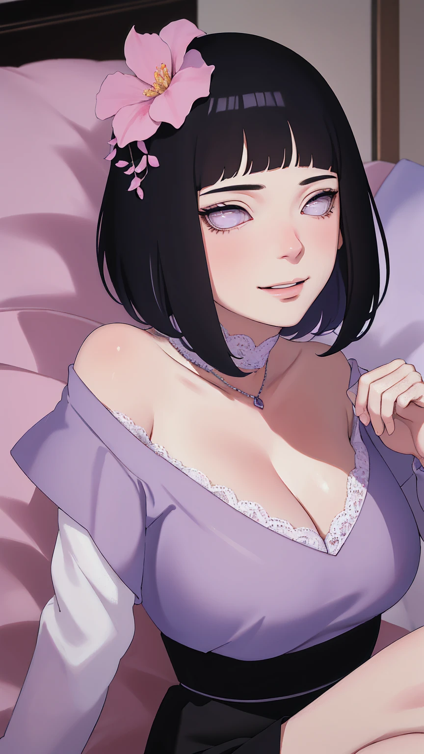 { - anatomy error} (Masterpiece - Ultra-detailed, very high resolution) (huge titusty, masterpiece, absurdres, hinata\(boruto\), 1girl, solo,mature female, off-shoulder bra, high waist black short skirt, looking at viewelling petals), perfect composition, detailed lips, big breast, beautiful face, body propotion, blush, (pink lips), short hair, (black hair), purple eyes, soft gaze, super realistic, detailed, photoshoot, realistic face and body, closed mouth, sitting on the bed , lilac eyes, upper body, lace clothes, backwards, looking back, with chin resting on shoulder, perfect fingers, naughty smile, backwards, looking back