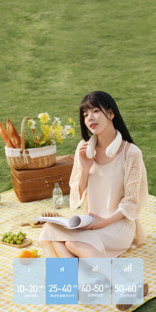 A woman sitting on a blanket,Holding a book and a basket of food, Wearing yellow gauze, Promotion, Promotion art, Warm and convivial atmosphere, relax, picnic, sunny environment, Official product images, beast, With headphones, lifestyle, A calm mood, The album cover, Product introduction photos, Promotion shot, Relaxed atmosphere