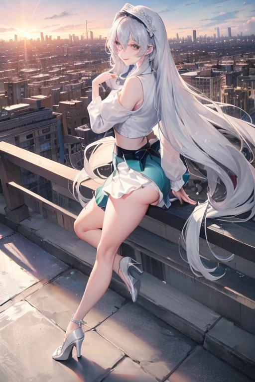 official art, masterpiece, Sharp focus, (Beautiful, gorgeous and cute Korean woman:1.3), (beautiful and cute korean:1.3), Korean beauty, Exquisite and beautiful hair、Eyes and face, Practical, Ultra Detailed, beautiful girl, Blue sky, Glowing white particles, (Side Light:1.2), Sunlight, Baiyun, Detailed clouds, slim, Very cute big and big butt, Smile with teeth bared, ((Smile with your eyes, Open your eyes)), landscape, Long and straight hair, Sexy facial expressions, architecture, (city View:1.7), Dynamic Hair, very Long and straight hair, Delicate platinum silver hair, Green eyes, Pink skirt, Black socks, Pale skin, Hair accessories, epic landscape,,White high heels,Nice butt,Beautiful buttocks,Nothing under the skirt,Weight loss